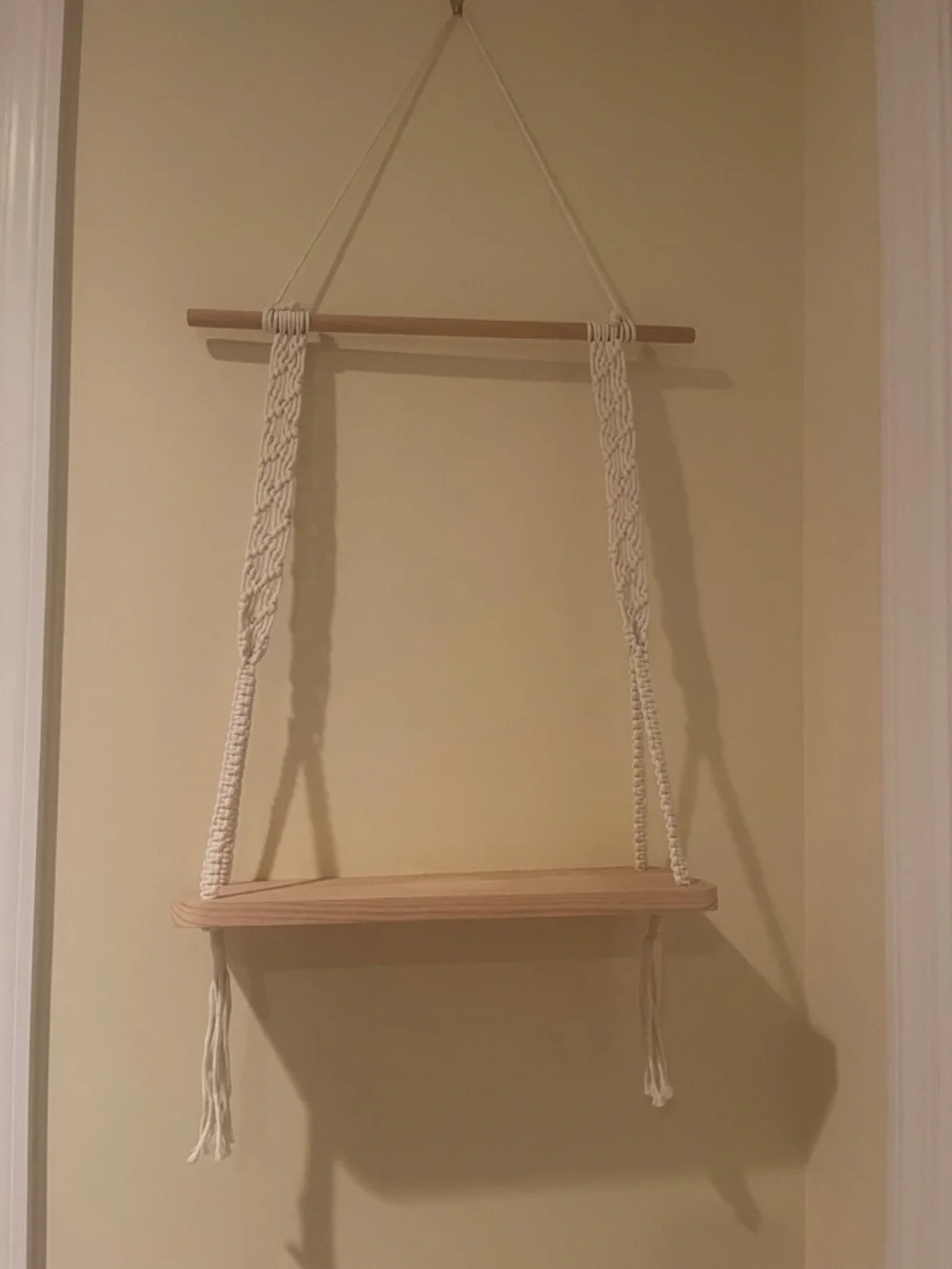 Natural Wood Hanging Shelf with Cream Macramé Cords